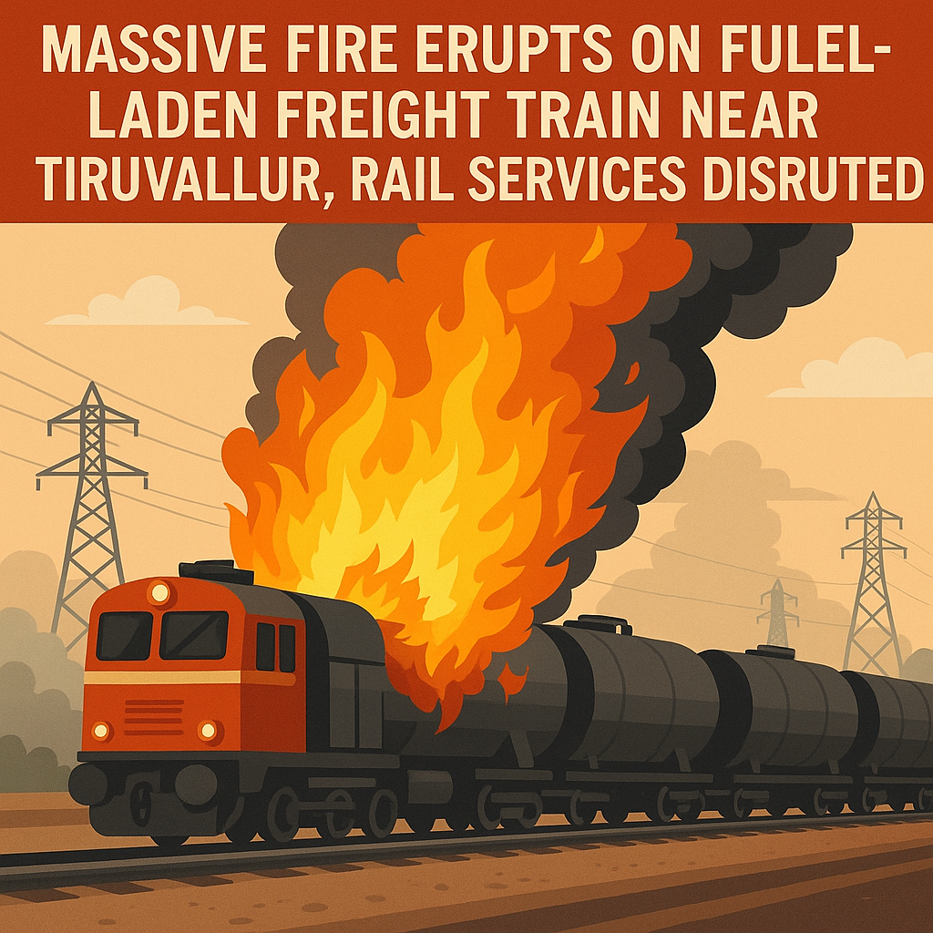 Massive Fire Erupts on Fuel-Laden Freight Train Near Tiruvallur, Rail Services Disrupted